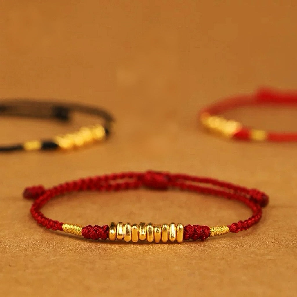 999 Gold Red String Bracelet – 10 Beads of Fortune (Handmade, pre-order)