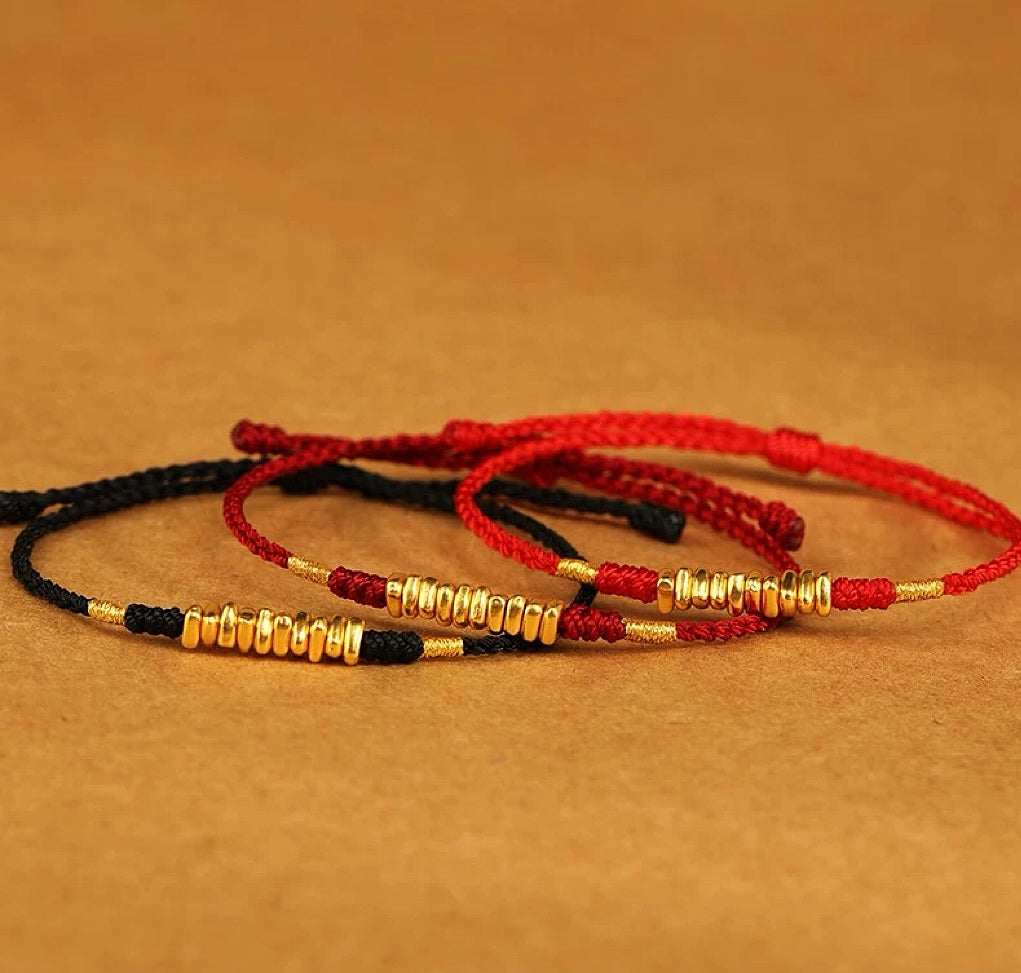 999 Gold Red String Bracelet – 10 Beads of Fortune (Handmade, pre-order)