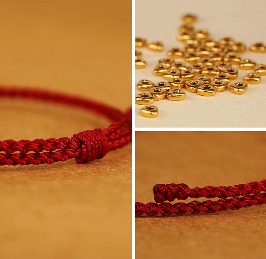 999 Gold Red String Bracelet – 10 Beads of Fortune (Handmade, pre-order)