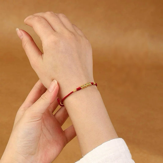 999 Gold Red String Bracelet – 10 Beads of Fortune (Handmade, pre-order)