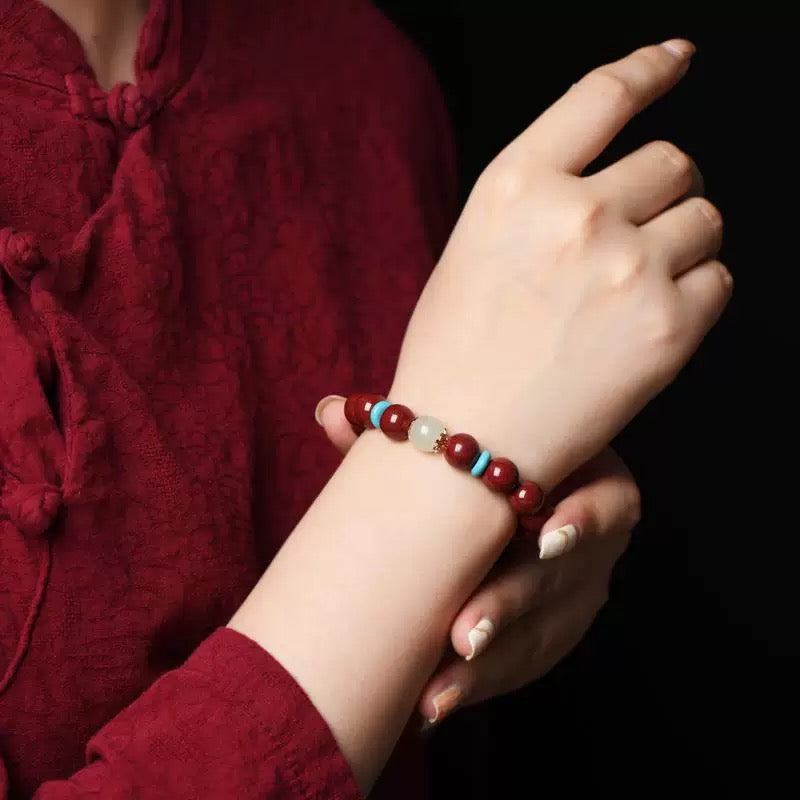 Tranquil Spirit Cinnabar Bracelet ft. Hetian Jade and Turquoise