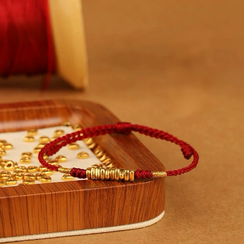 999 Gold Red String Bracelet – 10 Beads of Fortune (Handmade, pre-order)